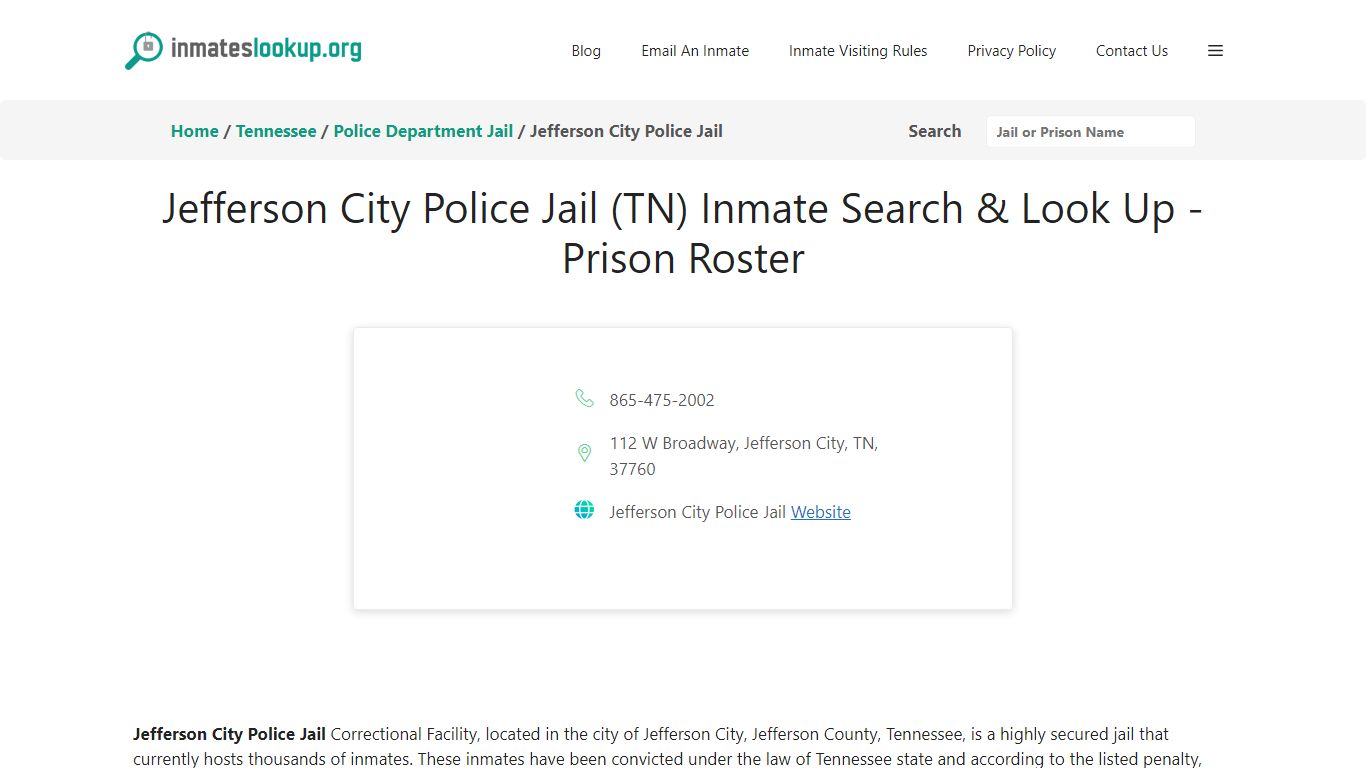Jefferson City Police Jail (TN) Inmate Search & Look Up - Prison Roster